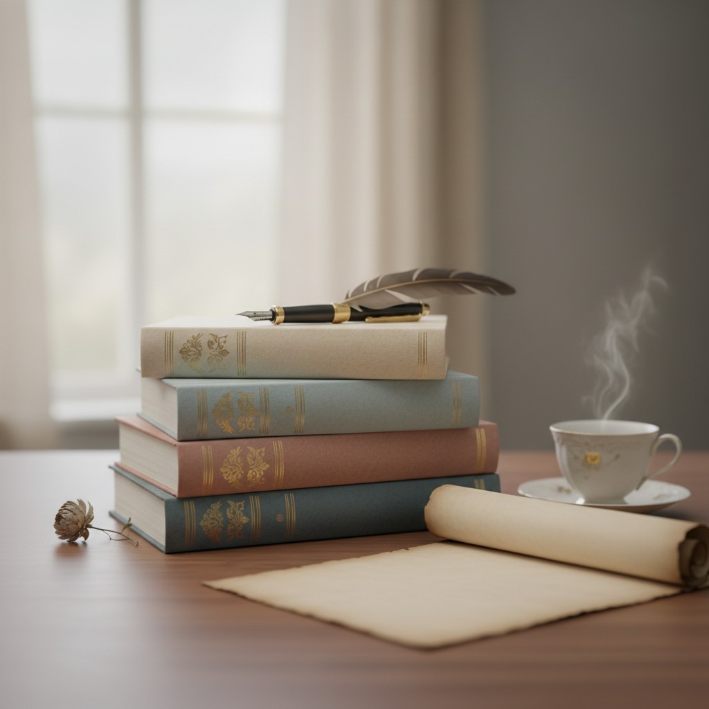 A pile of vintage books on a wooden table, with a feather quill, a rolled-up parchment, and a steaming cup of coffee nearby.