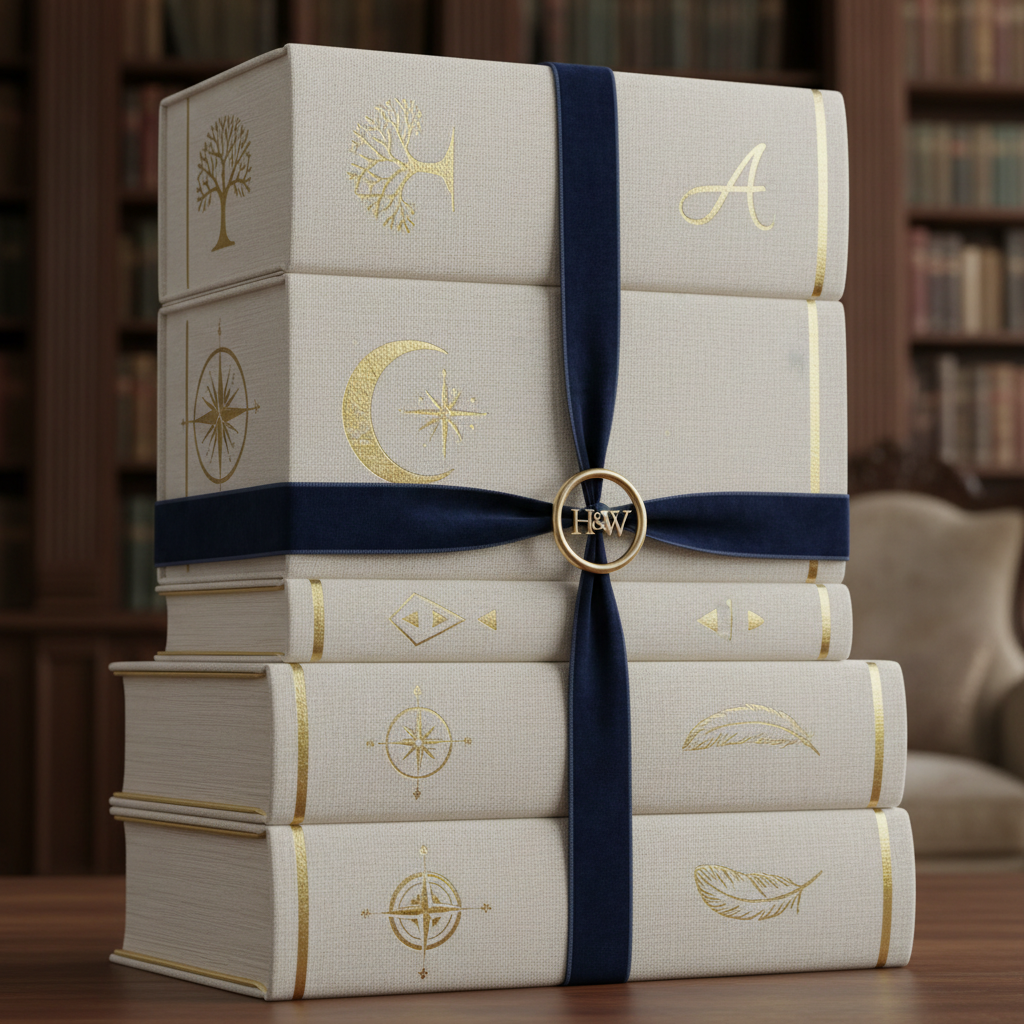 a stack of elegant books without visible titles, styled to match a high-end author brand