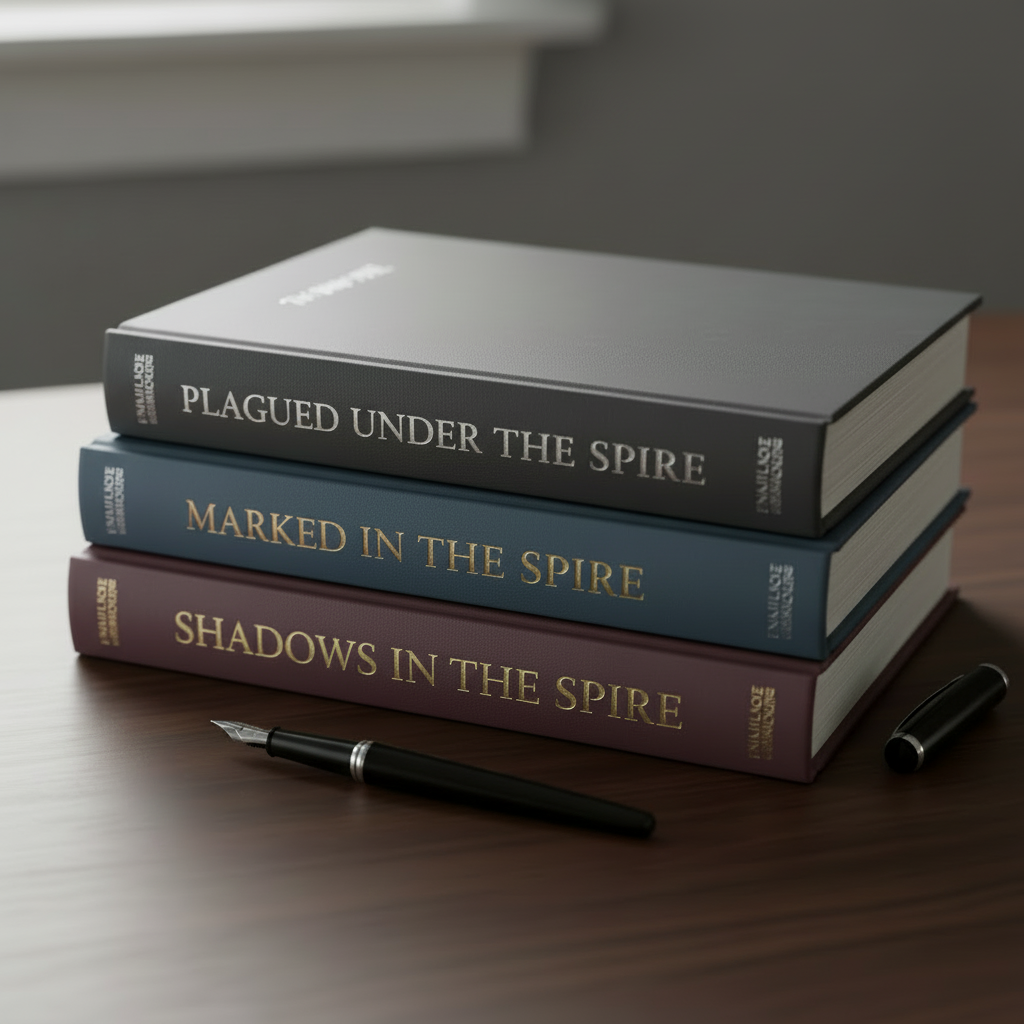 A stack of elegant books, each with a different title visible on the spine: 'Plagued Under the Spire', 'Marked in the Spire', and 'Shadows in the Spire'. The style should match the current gallery's refined, high-end look.