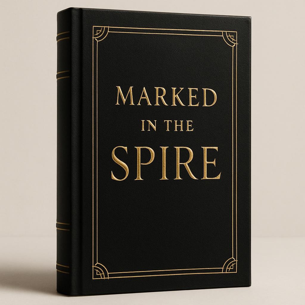 A single elegant book titled 'Marked in the Spire' in a sophisticated, high-end style, without clutter or background distractions.
