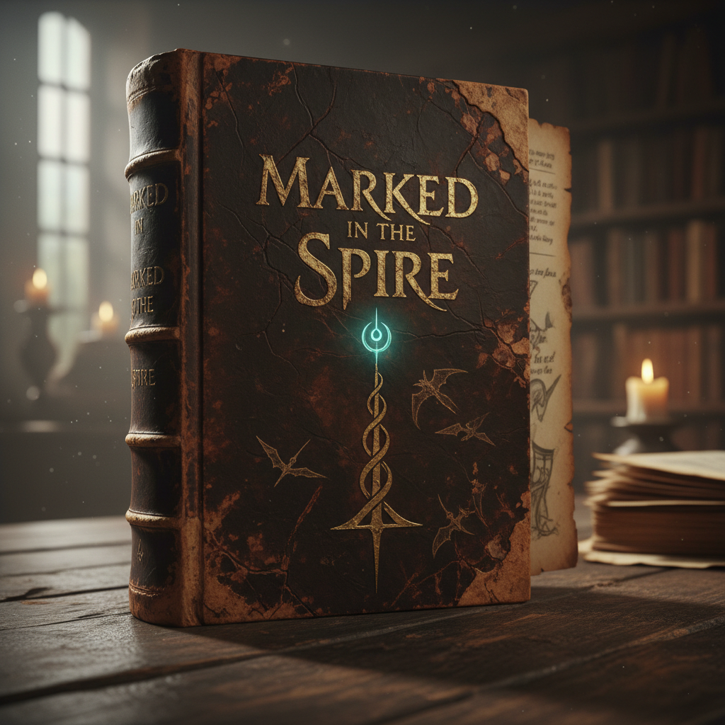 an old looking fantasy book titled 'Marked in the Spire', with a weathered leather cover, faded gold embossing for the title, and aged paper edges, in a dramatic, cinematic style