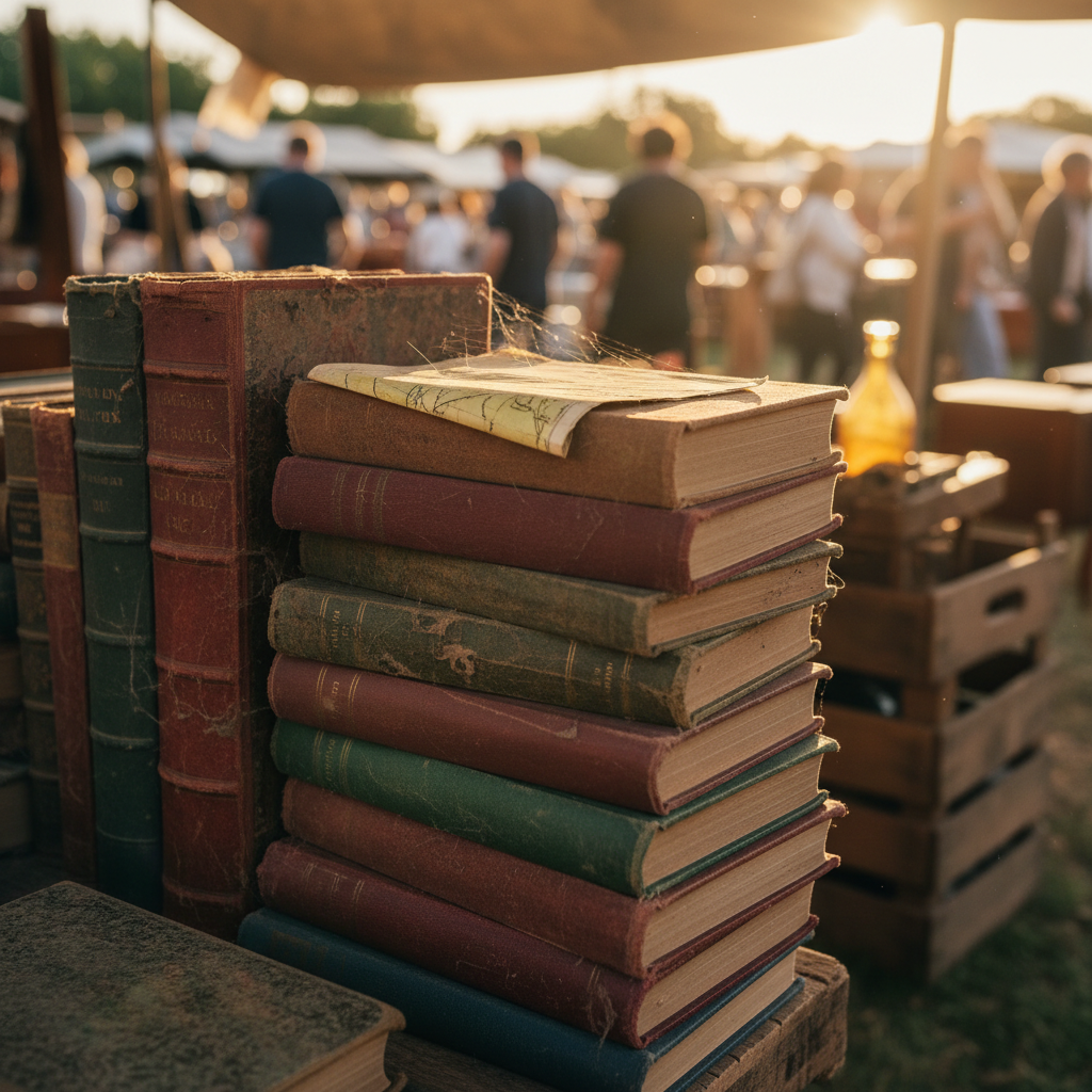 A stack of old books at a flea market, dusty, bathed in warm light.