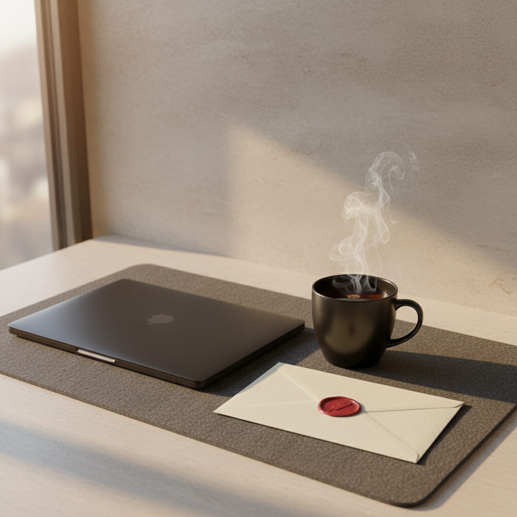 An exclusive, high-end author newsletter setup: a sleek, matte black laptop beside an obsidian ceramic mug filled with tea, an unopened envelope with a wax seal resting nearby. The items are placed on a grey felt desk pad against a back wall with a gentle stone gradient and no distractions. Subtle, late-afternoon window light streams from the left, imparting a soft gradient across the scene and highlighting the envelope’s wax seal and the delicate steam rising from the mug. The composition is clean, simple, and expertly balanced, viewed from a three-quarters angle with a moderate depth of field, channeling sophistication, invitation, and a minimalist, cinematic presentation for newsletter signup or exclusive access.