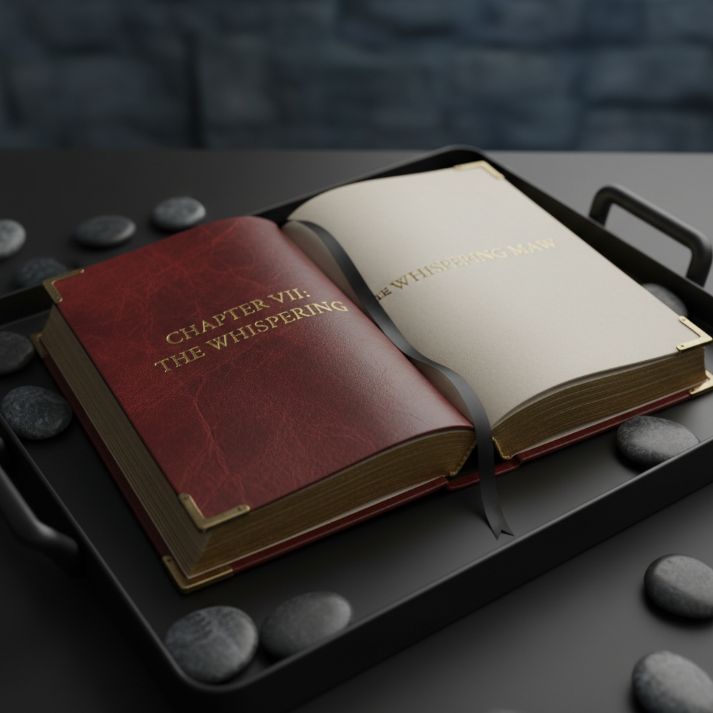 A cinematic close-up of a leather-bound, dark fantasy novel laying open to a chapter title embossed in refined gold foil. The pages are creamy and gently textured, with a black ribbon bookmark placed precisely along the gutter. The book is positioned atop a minimalist, matte-black metal tray; around it, a few scattered polished river stones in varying gray shades offer contrast and intrigue. Soft, directional side lighting creates subtle shadows in the paper’s creases and lustrous accents on the gilt title. Shot from a slightly elevated, off-center perspective, the composition feels dramatic and atmospheric. It evokes a moody but elegant tone in line with dark epic fantasy, executed in a photographic, minimalist aesthetic.