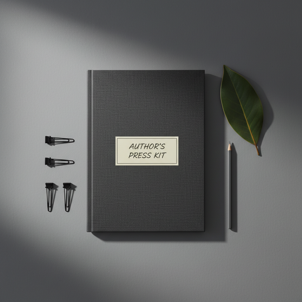 A refined flat-lay of a premium, dark linen-bound media kit folder set above a smooth slate surface, surrounded by minimalist metal clips, a graphite pencil, and a single magnolia leaf for a touch of organic sophistication. The folder’s clean label, elegantly lettered, faces the camera. The background is a gradient that moves subtly from cool charcoal to a muted silver, offering understated elegance. Bathed in gentle morning light from above and right, the textures and metallic details stand out with soft highlights and delicate shadows. The shot uses a centered, top-down composition and shallow depth of field, creating focus and a quiet, polished aura suitable for an author’s media and press kit resource.